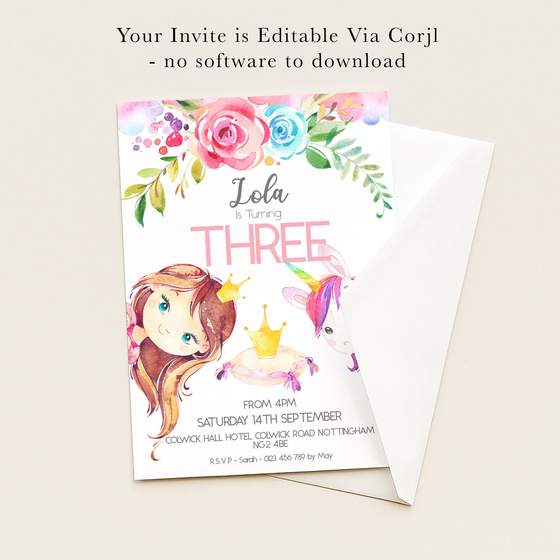 The image is a birthday invitation for a girl named Lola, who is turning three years old. The invitation is edited via a software and does not require any software to download.
