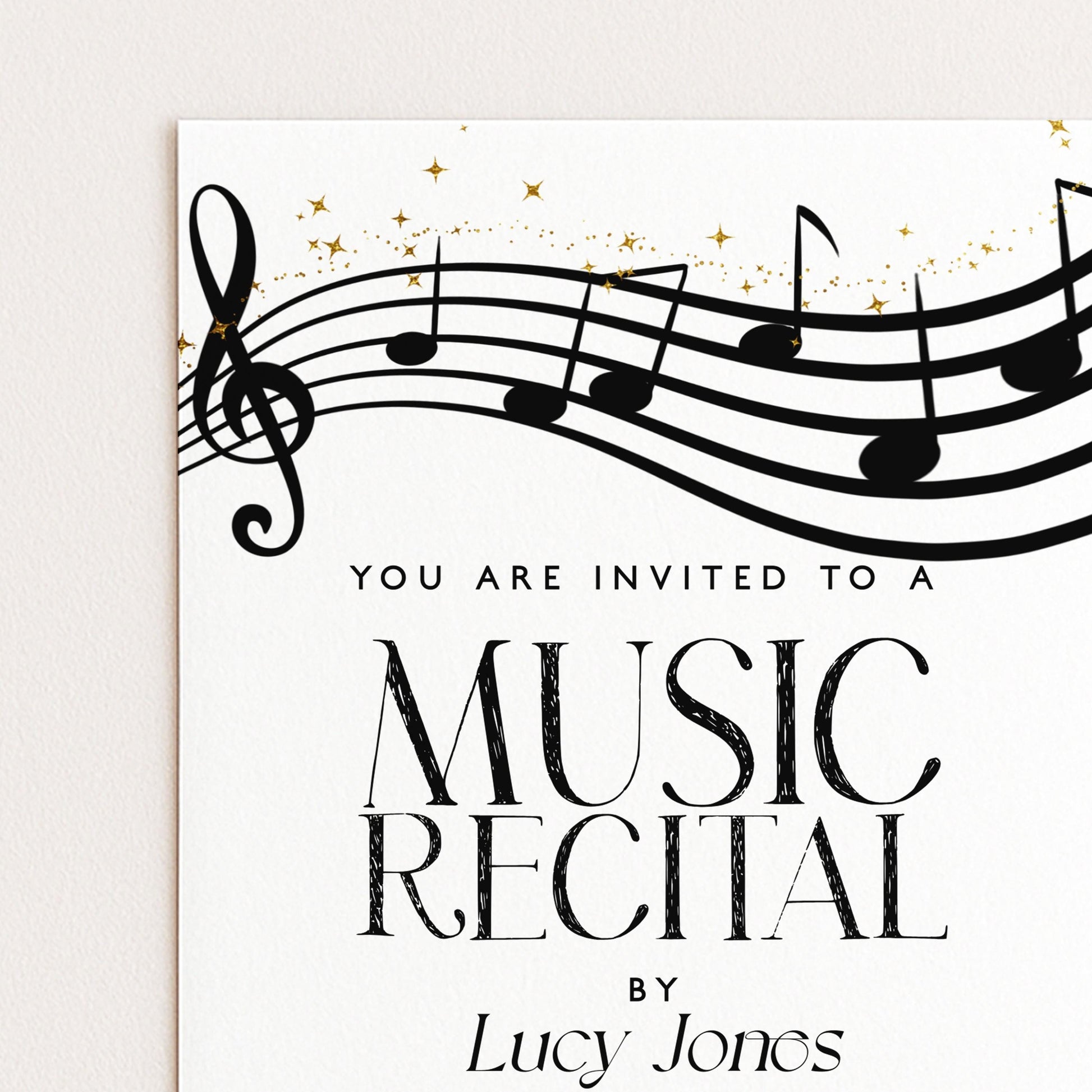 The image is a poster for a music recital, inviting people to attend.