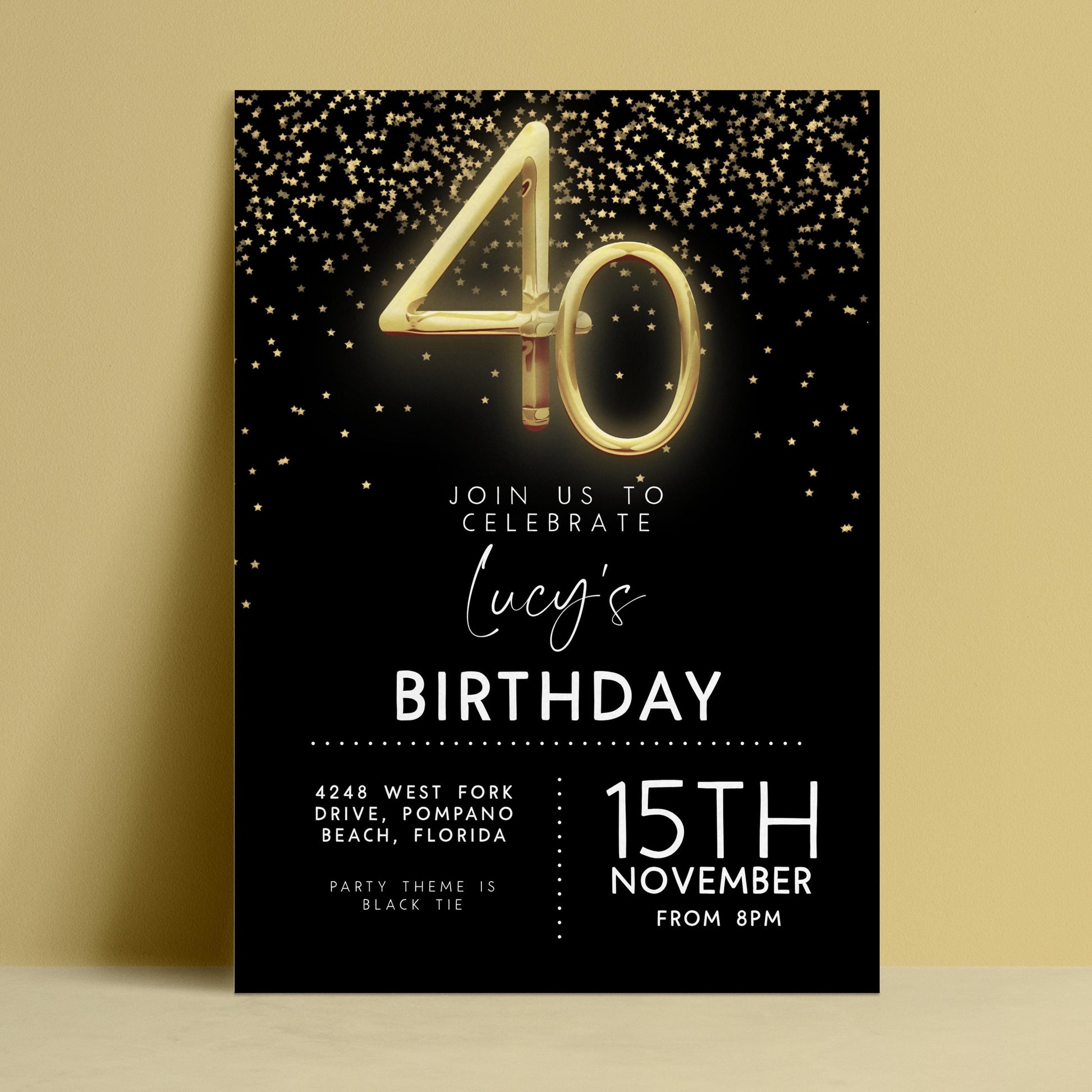 The image is a birthday party invitation for a 40th celebration.