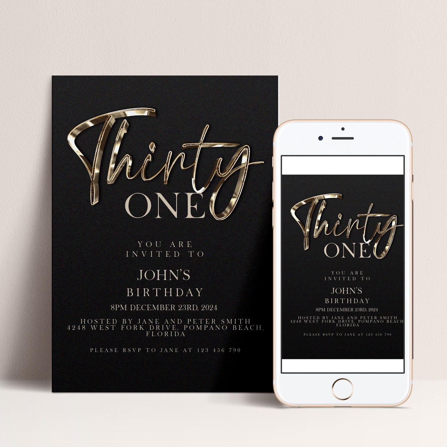 a black invitation card and a white smartphone with a birthday party invitation for John's birthday.