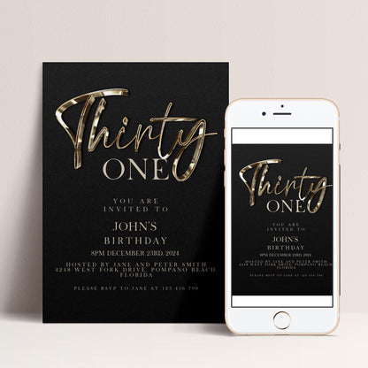 a black invitation card and a white smartphone with a birthday party invitation for John's birthday.