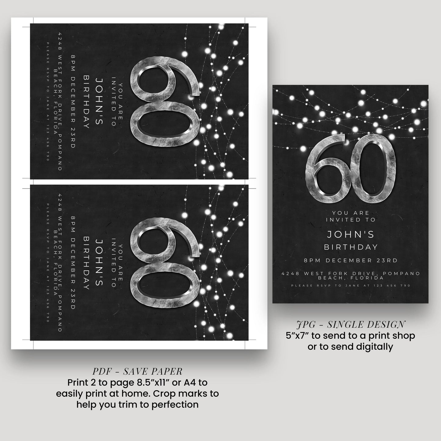 Black Silver Simple 60th Birthday Invitation: Modern Editable Template, Digital Download | Easy To Edit, Printable PDF, Instant Use