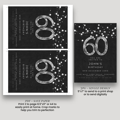 Black Silver Simple 60th Birthday Invitation: Modern Editable Template, Digital Download | Easy To Edit, Printable PDF, Instant Use