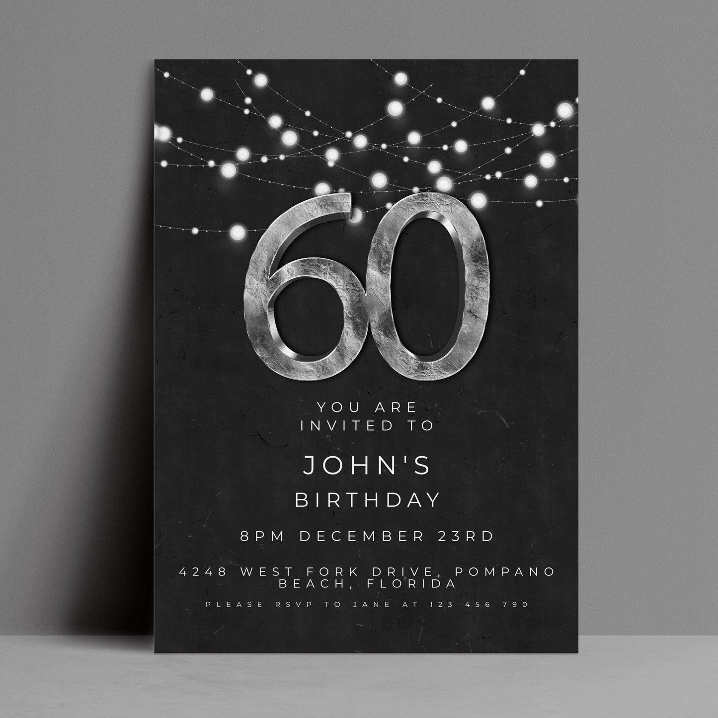 Black Silver Simple 60th Birthday Invitation: Modern Editable Template, Digital Download | Easy To Edit, Printable PDF, Instant Use