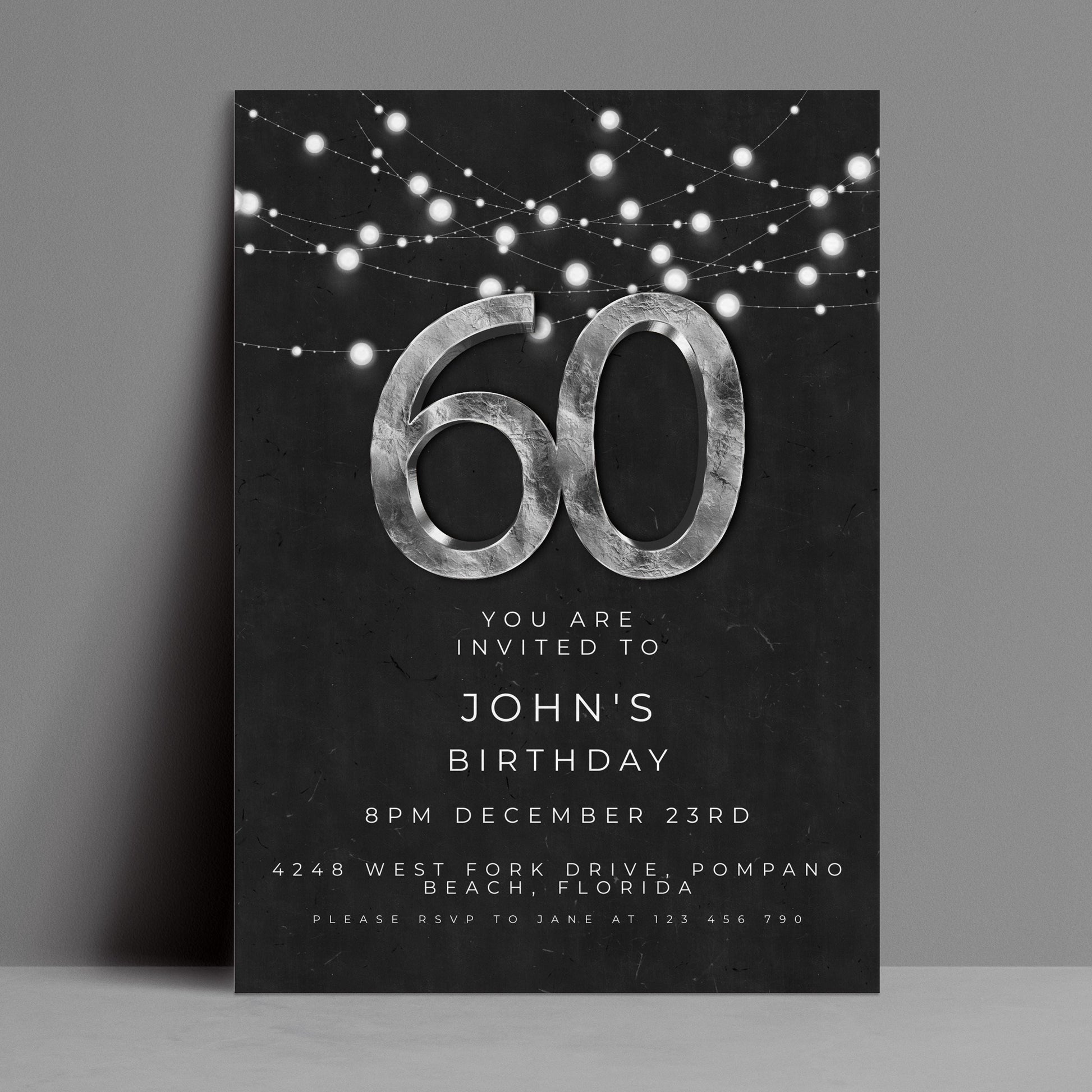 Black Silver Simple 60th Birthday Invitation: Modern Editable Template, Digital Download | Easy To Edit, Printable PDF, Instant Use