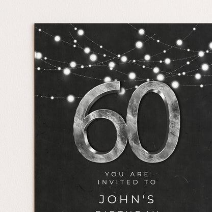 Black Silver Simple 60th Birthday Invitation: Modern Editable Template, Digital Download | Easy To Edit, Printable PDF, Instant Use