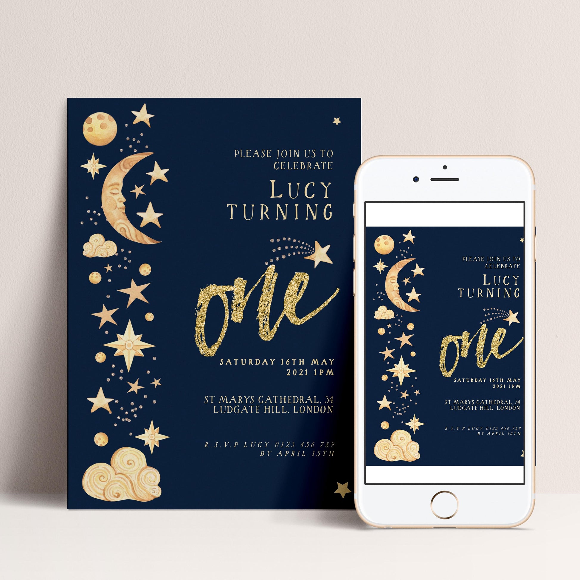 The image is a birthday invitation for a girl named Lucy, featuring a dark blue background with gold stars and a crescent moon. The invitation includes details about the event, such as the date, time, location, and the name of the guest.