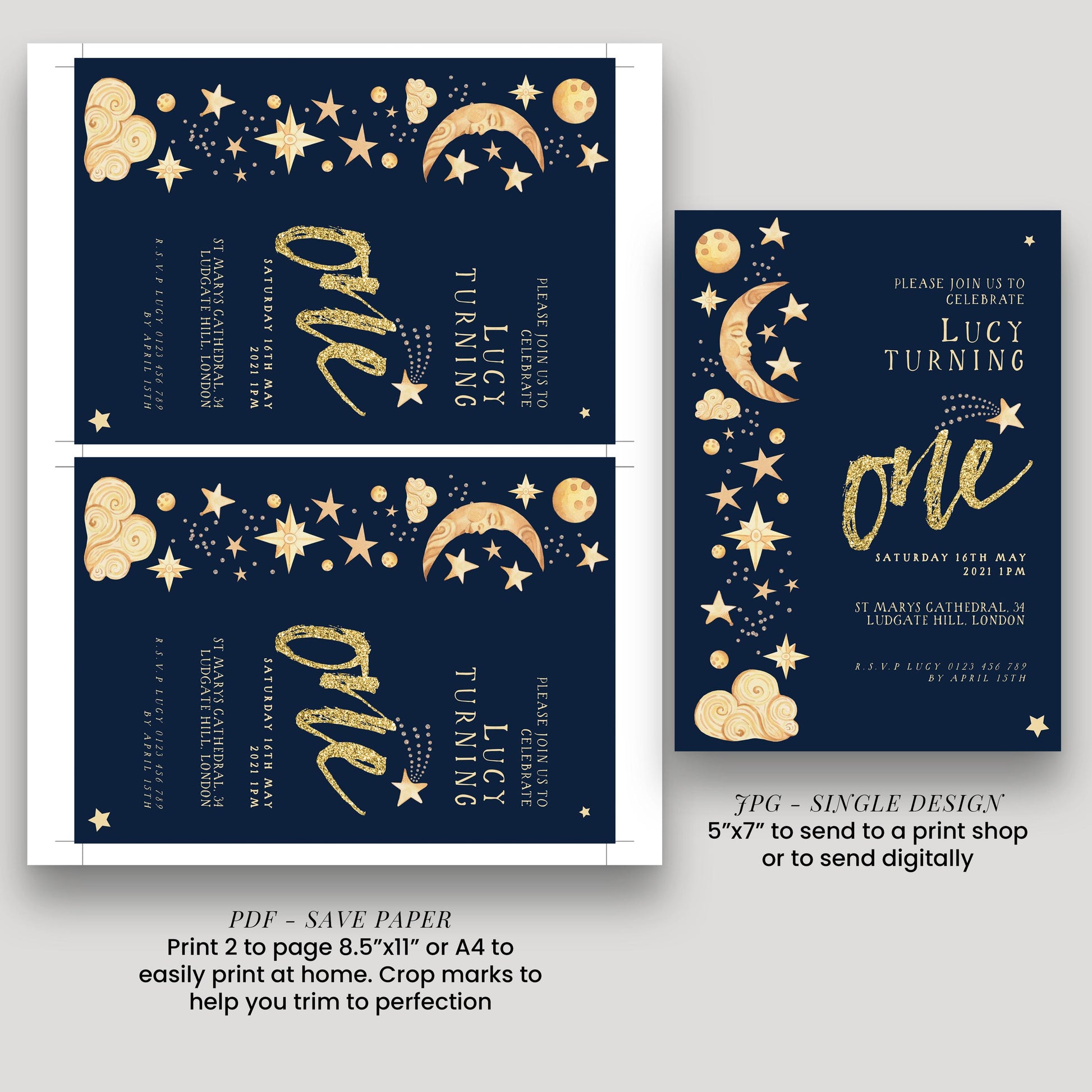 two blue invitation cards with gold stars and moon designs, inviting guests to a birthday party for a child named Lucy Turning. The cards are printed in size 7" x 5" and are designed for a single design, suggesting that they are intended to be printed on a single sheet of paper.