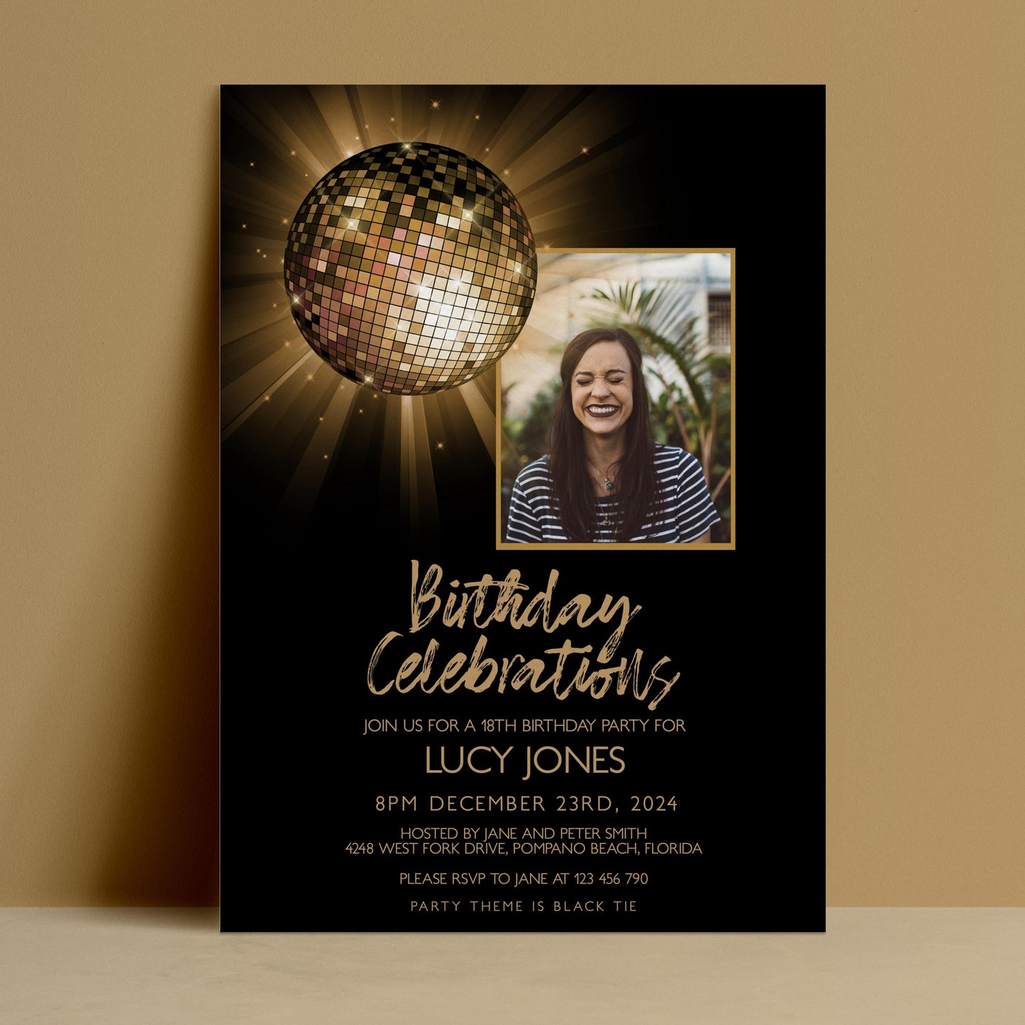 The image is a birthday party invitation for a 16th birthday celebration for Lucy Jones. The invitation features a disco ball and a photo of a smiling woman.