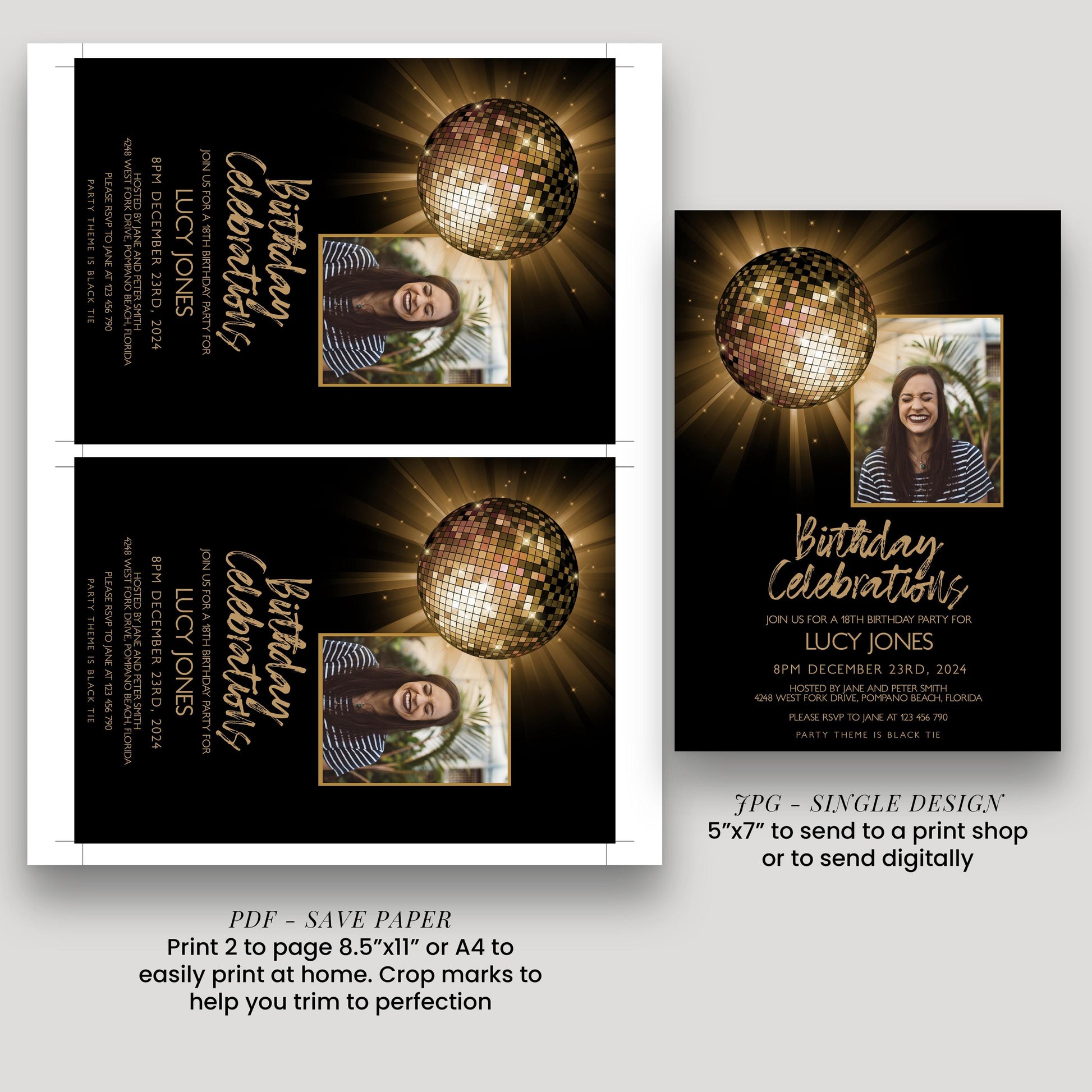 The image is a birthday party invitation featuring a disco ball and two photos of a smiling woman.
