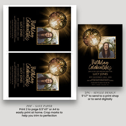 The image is a birthday party invitation featuring a disco ball and two photos of a smiling woman.