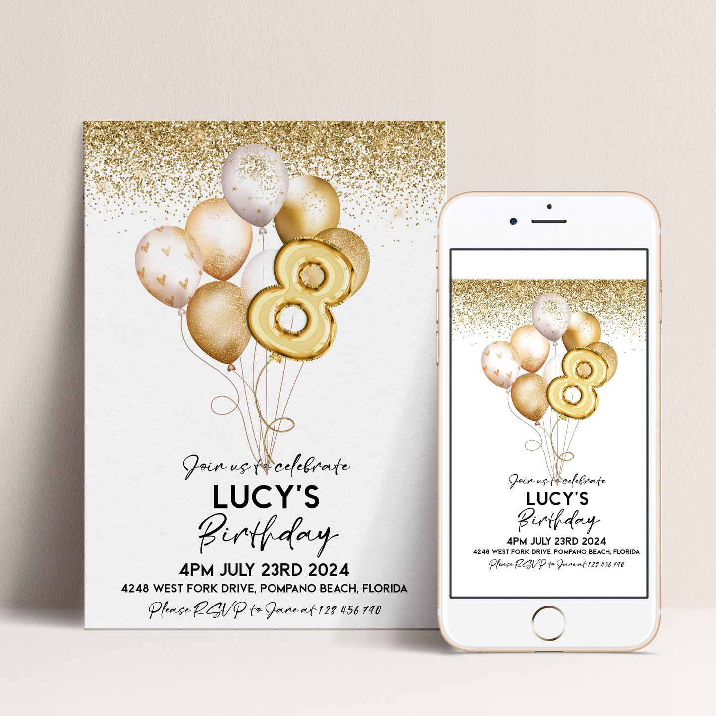 The image is a birthday invitation for Lucy's birthday party. It features gold and white balloons, and the text invites guests to celebrate Lucy's birthday.
