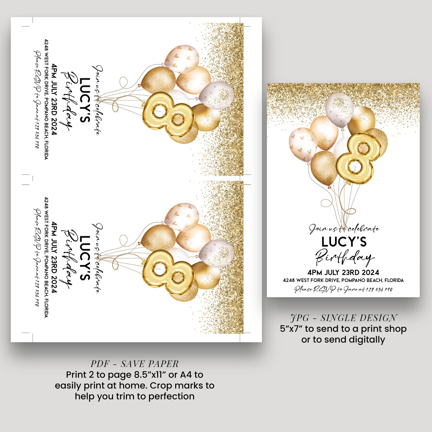 a birthday invitation for a girl named Lucy, featuring gold balloons and confetti. The invitation is for her birthday party on July 23rd, 2014, at 4:00 PM at Pompano Beach, Florida. The invitation is designed to be printed on paper or sent digitally, depending on the user's preference.