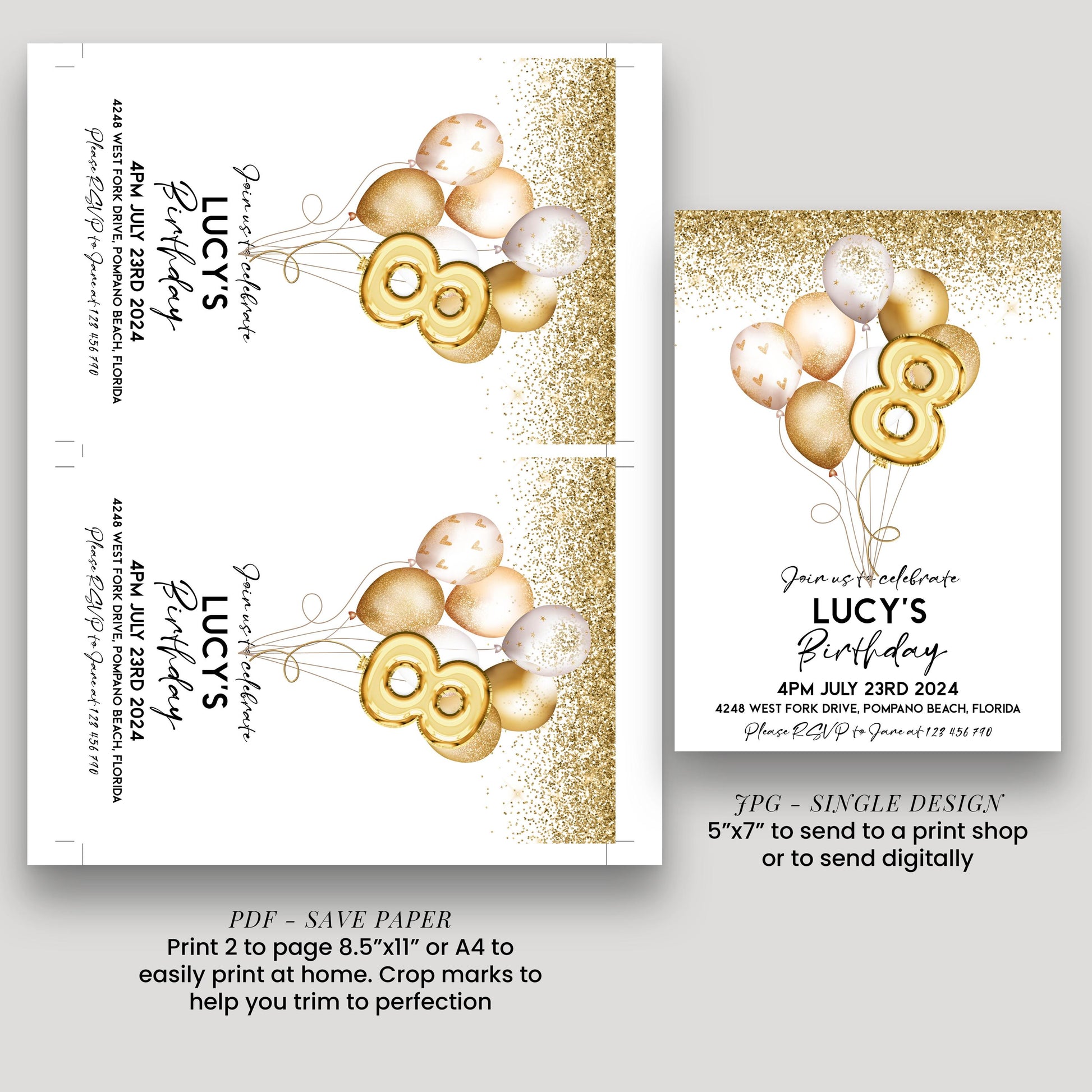 a birthday invitation for a girl named Lucy, featuring gold balloons and confetti. The invitation is for her birthday party on July 23rd, 2014, at 4:00 PM at Pompano Beach, Florida. The invitation is designed to be printed on paper or sent digitally, depending on the user's preference.