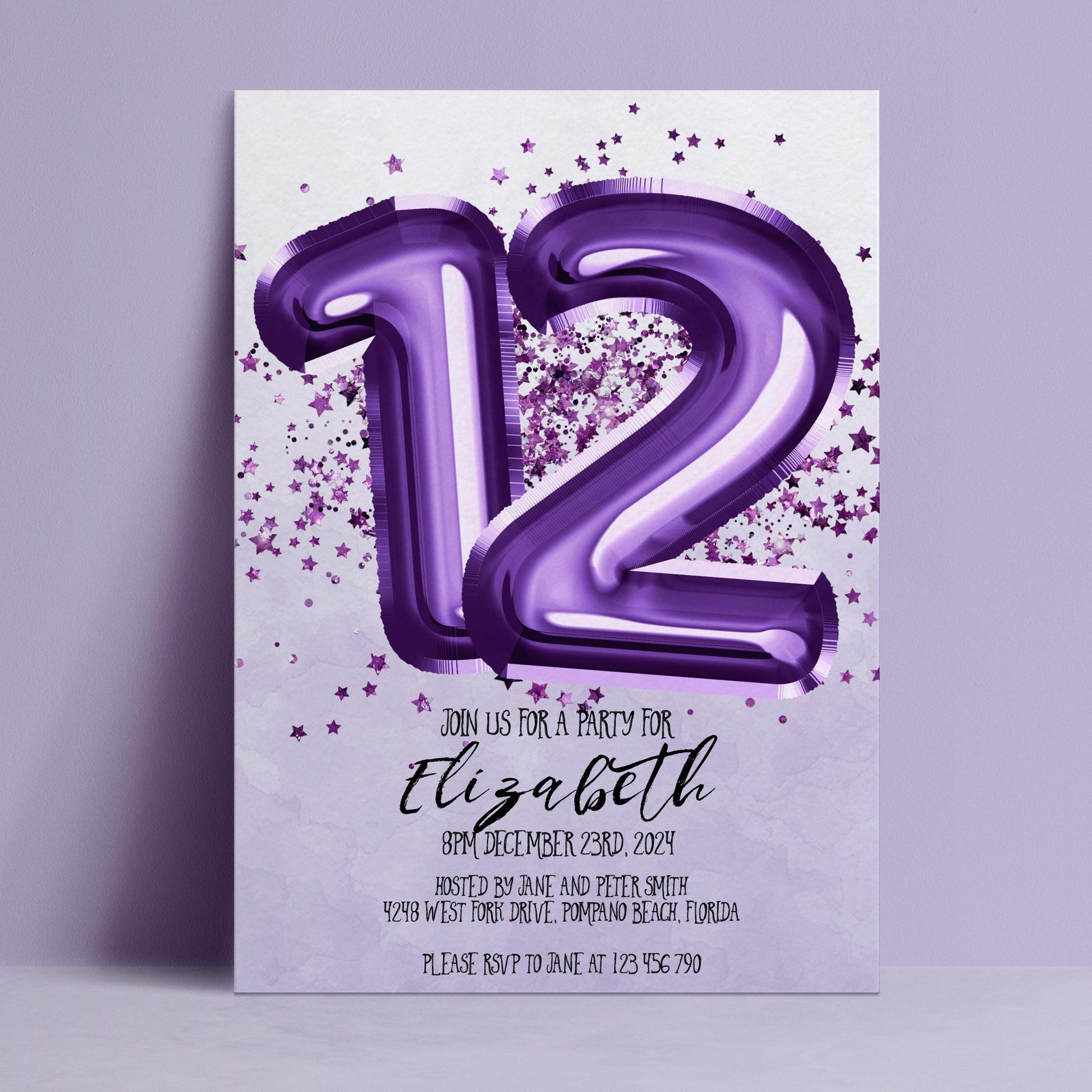 The image is a birthday party invitation for a 12-year-old named Elizabeth. The invitation features a purple number 12 and stars, and includes details about the party, including the date, time, and location.