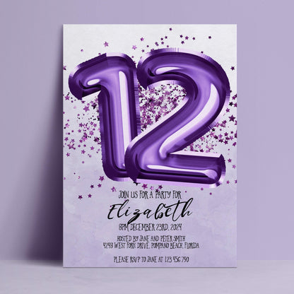 The image is a birthday party invitation for a 12-year-old named Elizabeth. The invitation features a purple number 12 and stars, and includes details about the party, including the date, time, and location.