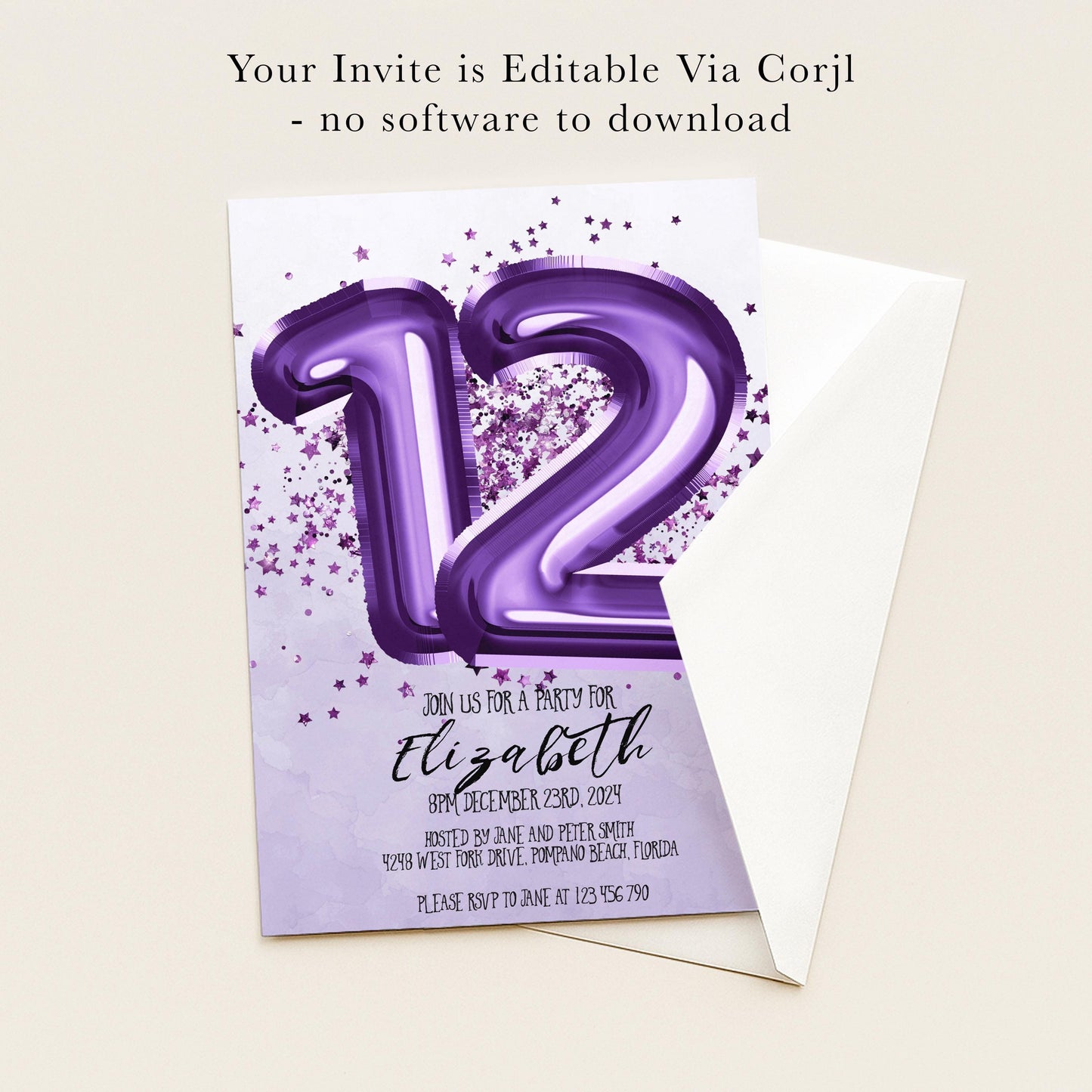 The image is a birthday invitation for a party for Elizabeth, scheduled for 8PM on September 23rd, 2023, at the West Forts Drive, Panorama Beach, Florida. The invitation is for a party for Elizabeth and is hosted by Jane and Peter Smith. The invitation is available for download and can be sent via email or mail.