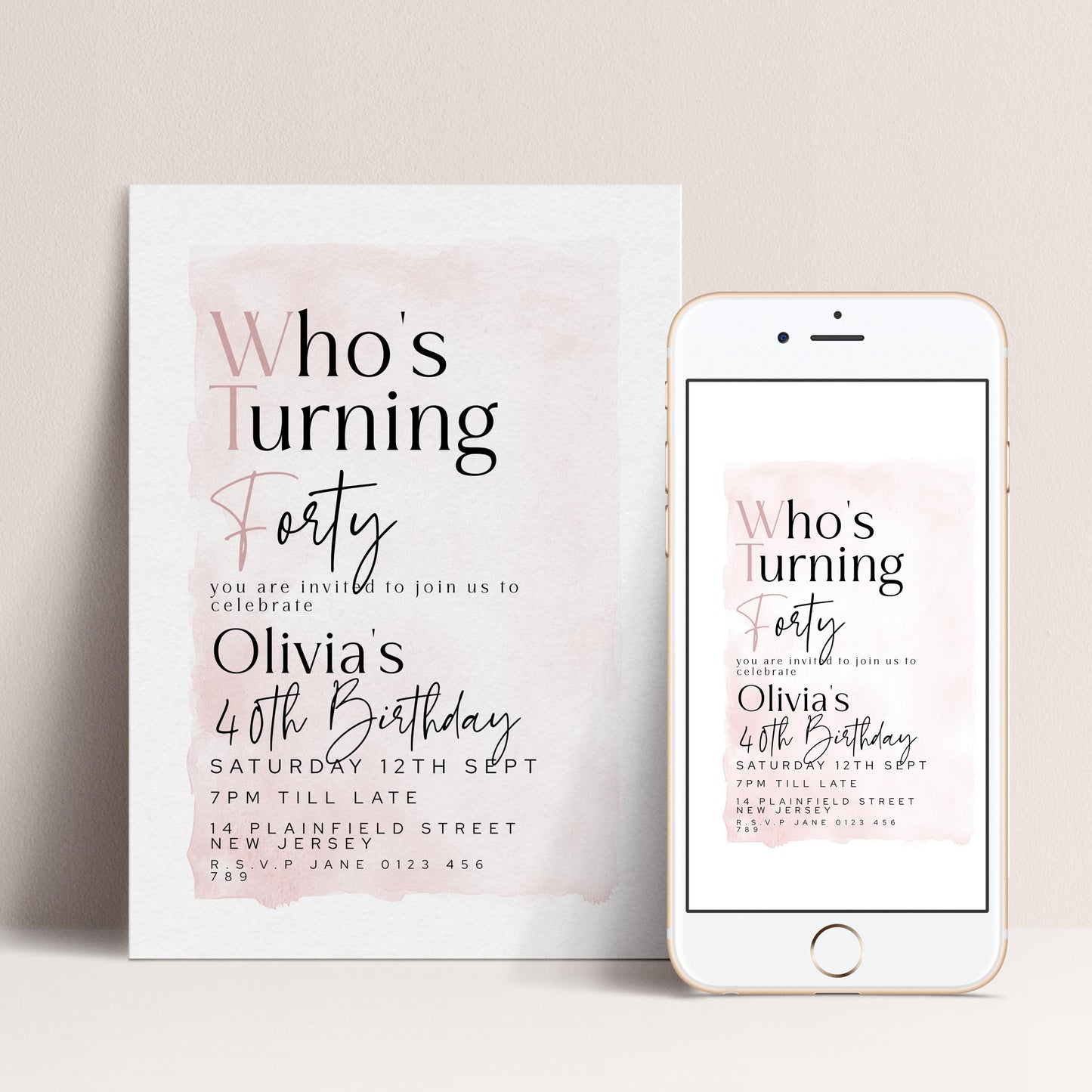 a birthday invitation for a 40th birthday party, with a white paper invitation and a smartphone displaying the same invitation.
