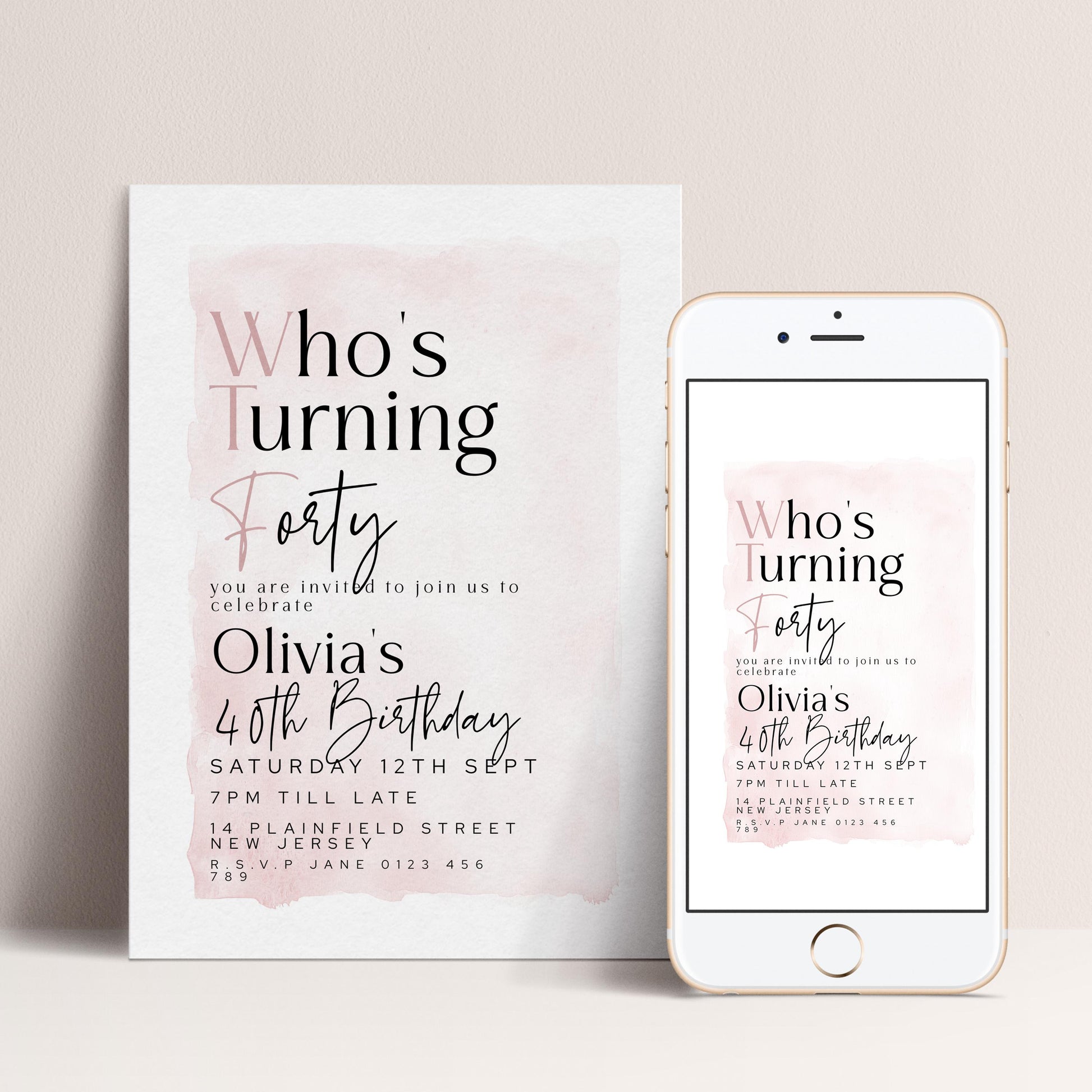 a birthday invitation for a 40th birthday party, with a white paper invitation and a smartphone displaying the same invitation.