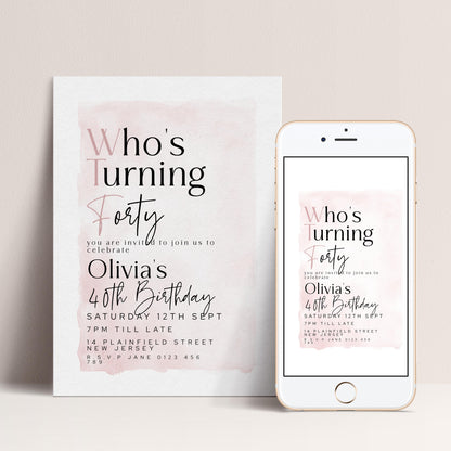 a birthday invitation for a 40th birthday party, with a white paper invitation and a smartphone displaying the same invitation.