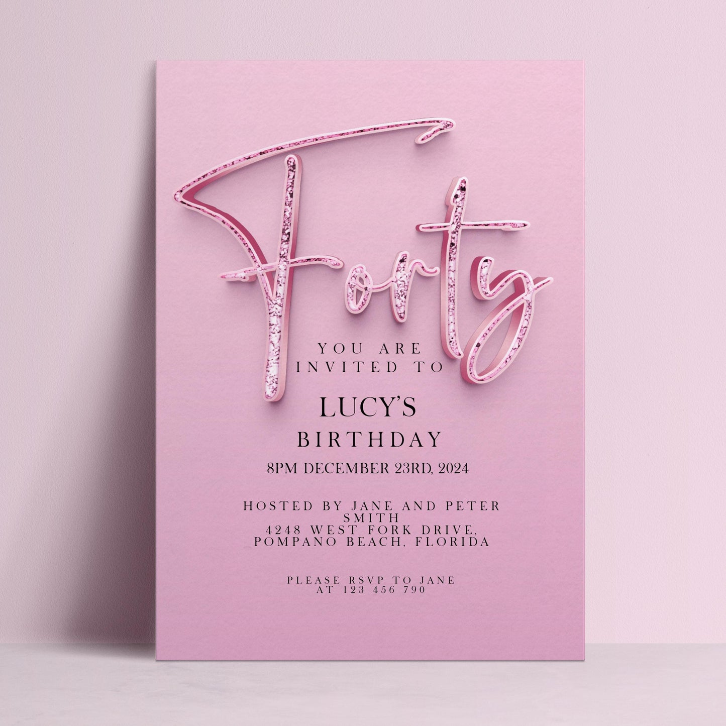 The image is a pink birthday invitation for a girl named Lucy's birthday party.