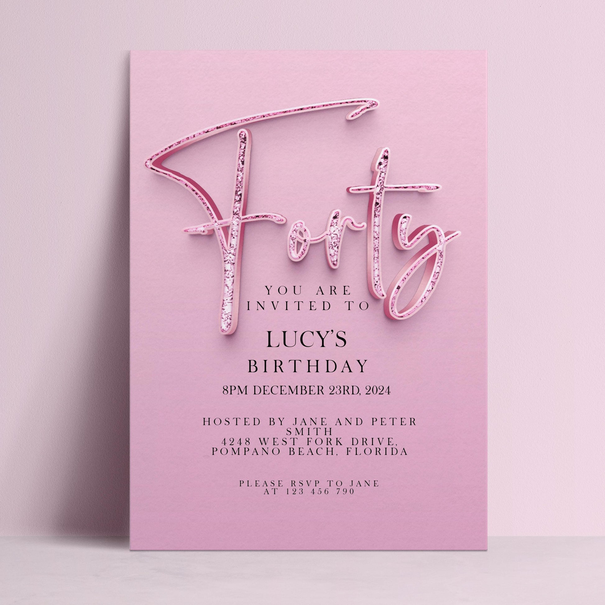 The image is a pink birthday invitation for a girl named Lucy's birthday party.
