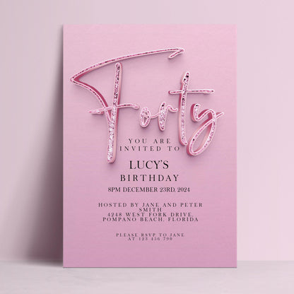 The image is a pink birthday invitation for a girl named Lucy's birthday party.