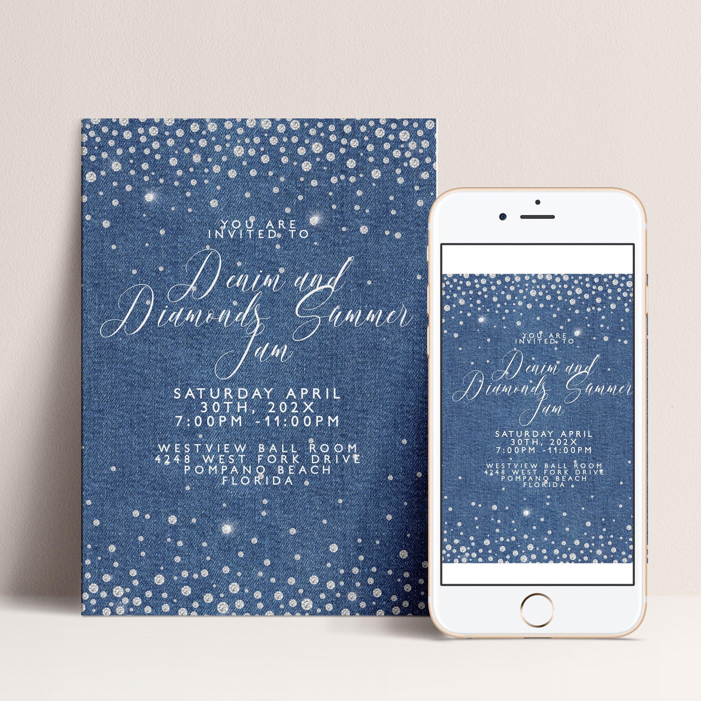 a denim and diamonds invitation card and a smartphone displaying the same invitation.