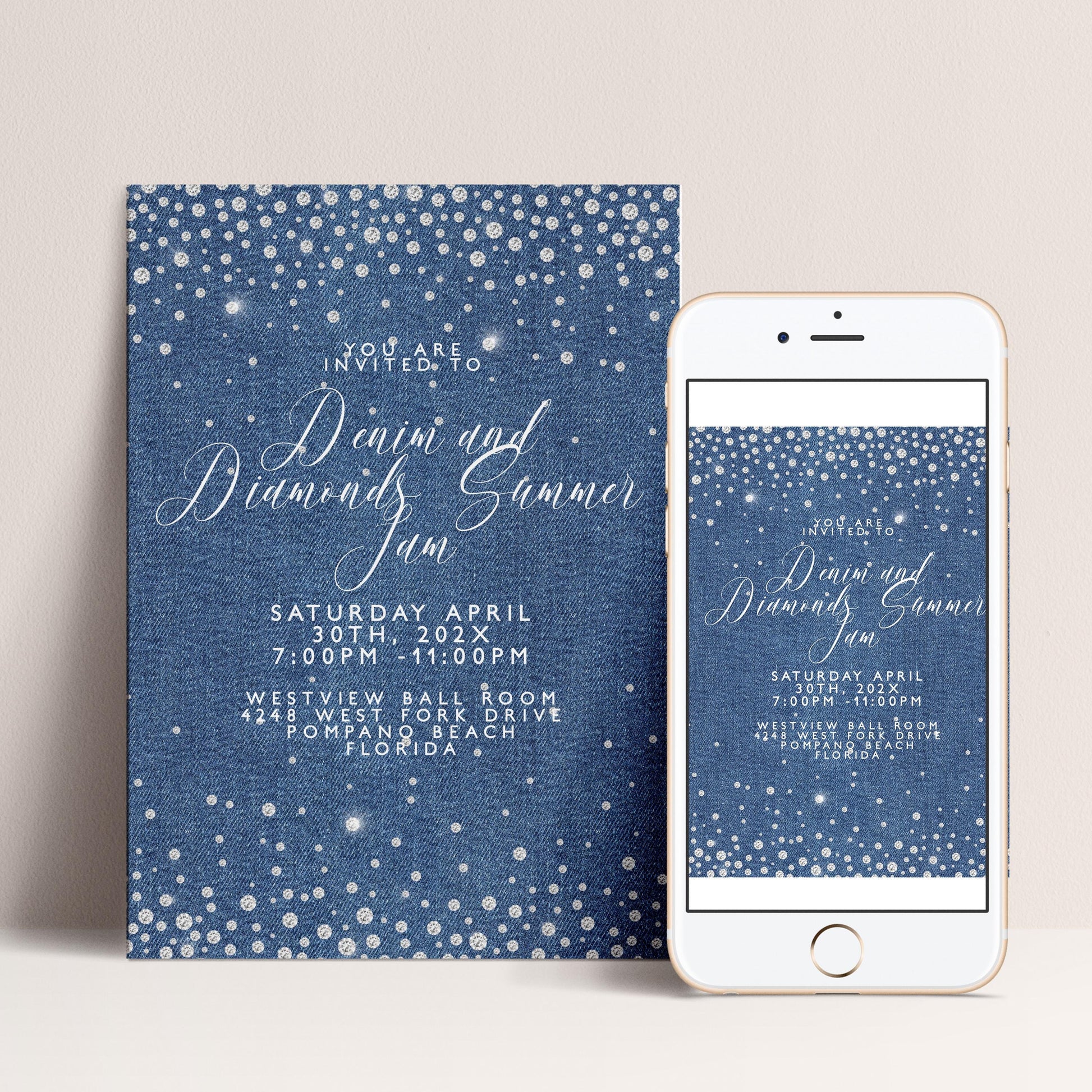 a denim and diamonds invitation card and a smartphone displaying the same invitation.