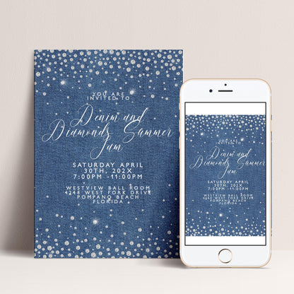 a denim and diamonds invitation card and a smartphone displaying the same invitation.