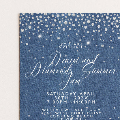 The image is a wedding invitation card with a denim theme, featuring a blue background with white sparkles and text inviting guests to a denim and diamond-themed summer party.