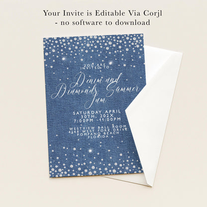 The image is a wedding invitation card with a blue denim background and white polka dots. The text on the card indicates that the invitation is editable via a software program and does not require any physical copies. The invitation is for a denim and diamonds summer party on Saturday, April 30th, from 7:00 PM to 11:00 PM at the Westview Ball Room at 442 Westport Drive, Palm Beach, Florida.