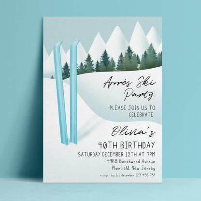The image is a birthday party invitation for a woman named Olivia's 40th birthday. The invitation features a winter landscape with two blue skis and pine trees, and includes details about the party, such as the date, time, location, and RSVP information.