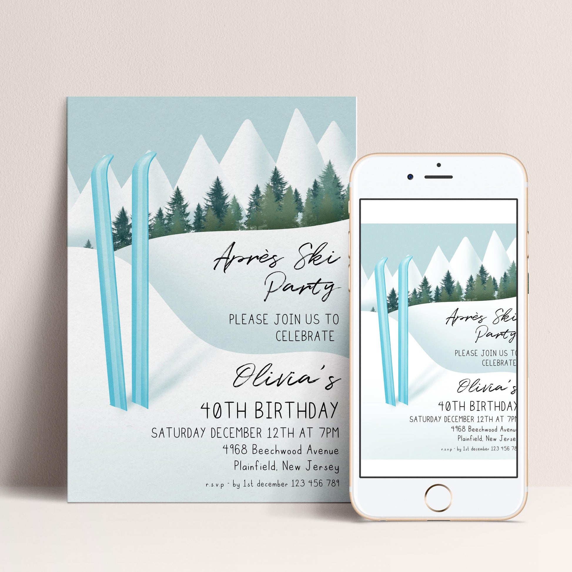 The image is a birthday party invitation for a girl named Olivia celebrating her 40th birthday. The invitation features a winter scene with two blue skis and a snowy mountain backdrop.