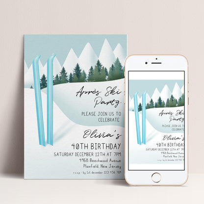 The image is a birthday party invitation for a girl named Olivia celebrating her 40th birthday. The invitation features a winter scene with two blue skis and a snowy mountain backdrop.