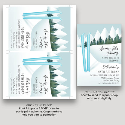 The image is a birthday invitation for a girl named Olivia celebrating her 40th birthday. It features a winter landscape with snow-covered mountains and pine trees. The invitation is for a ski party and includes details about the event, such as the date, time, location, and RSVP instructions.