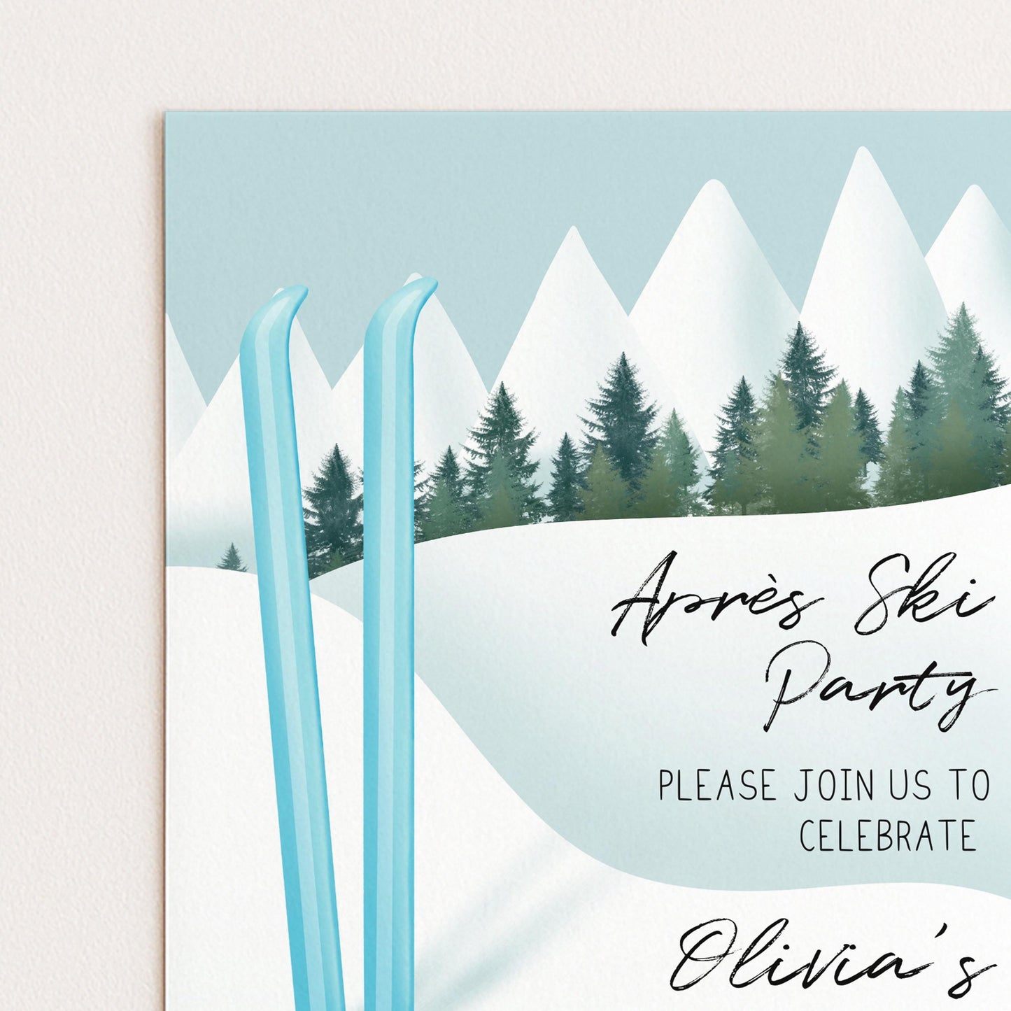 The image is a party invitation for a ski party, featuring a snowy mountain landscape with two blue skis and a message inviting guests to join the celebration.