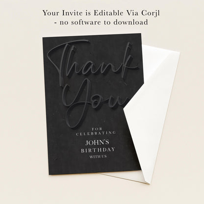 The image is a black and white photograph of a birthday card with the text "Thank You" printed on it.