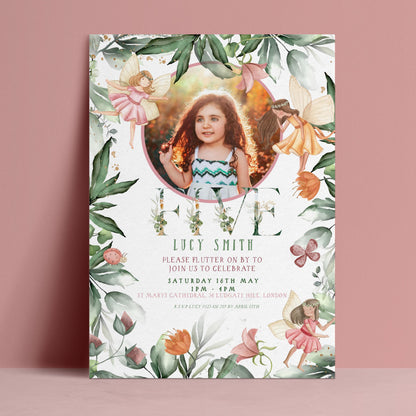 The image is a birthday invitation featuring a young girl surrounded by fairies and flowers.