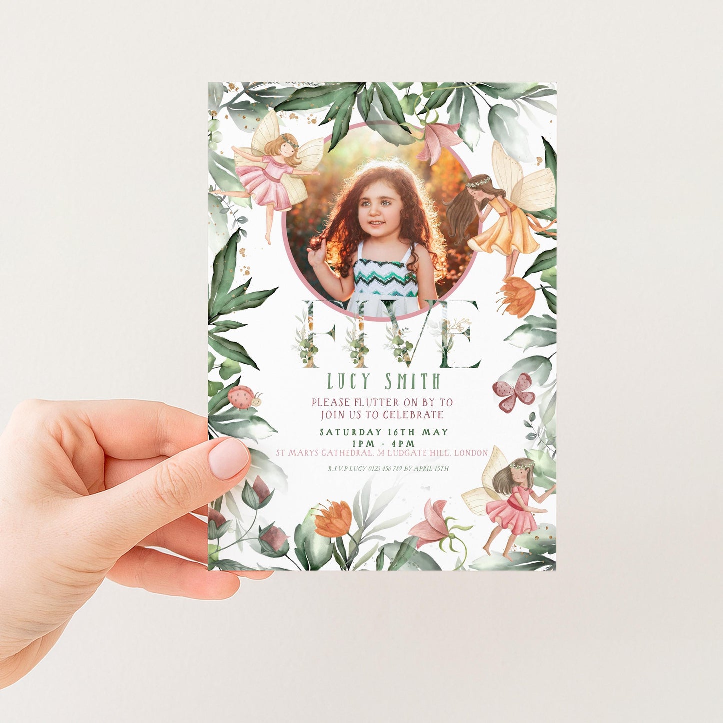 The image is a birthday invitation card featuring a young girl surrounded by fairy and floral elements.