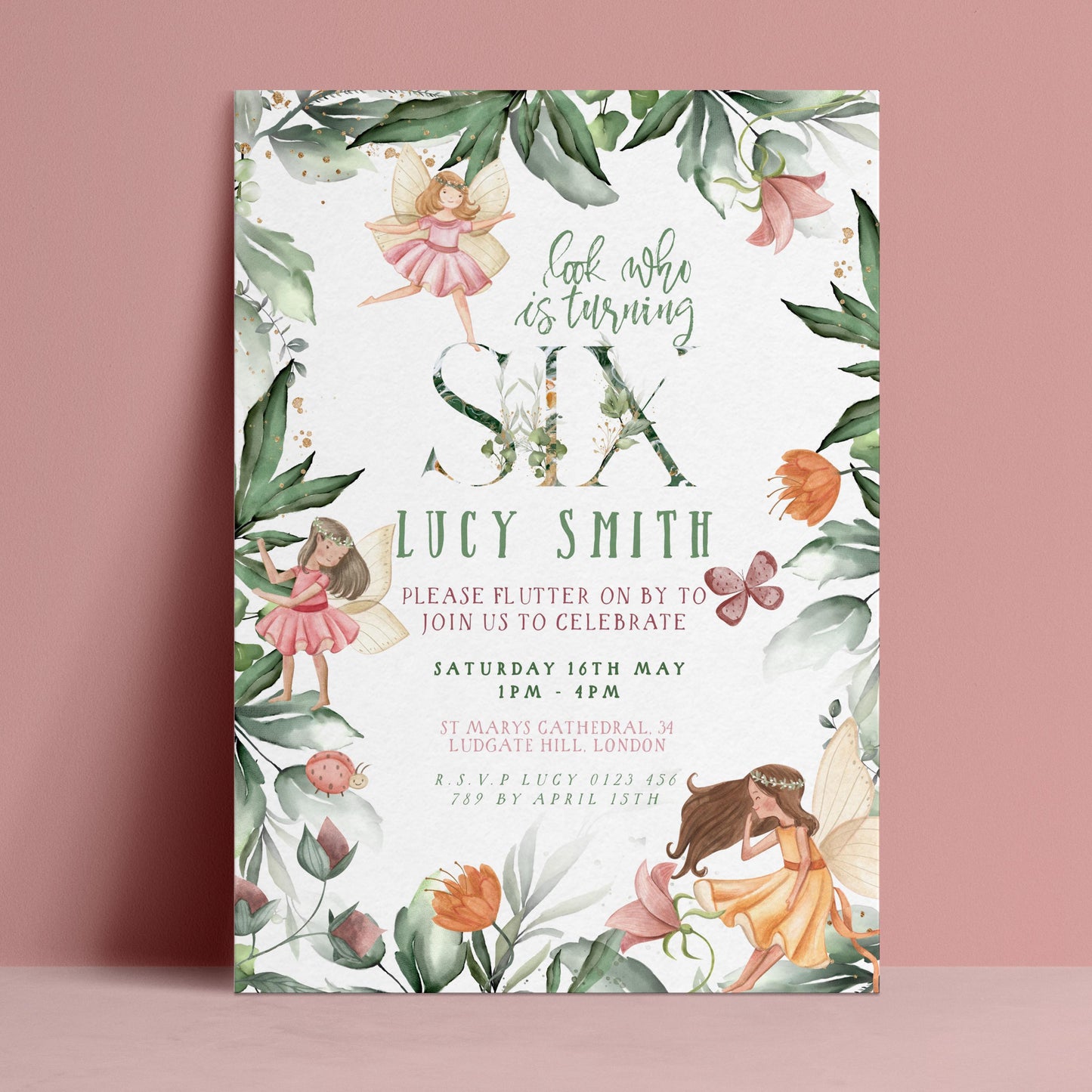 The image is a birthday invitation featuring a fairy theme, with illustrations of fairies and flowers surrounding the text.