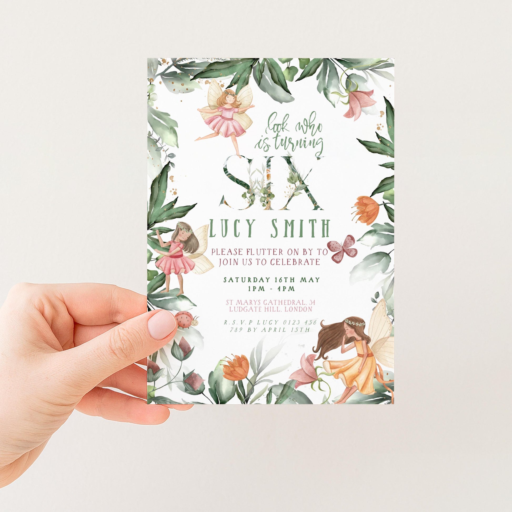 The image is a birthday invitation card for a girl named Lucy Smith, featuring a fairy theme with illustrations of fairies and flowers.