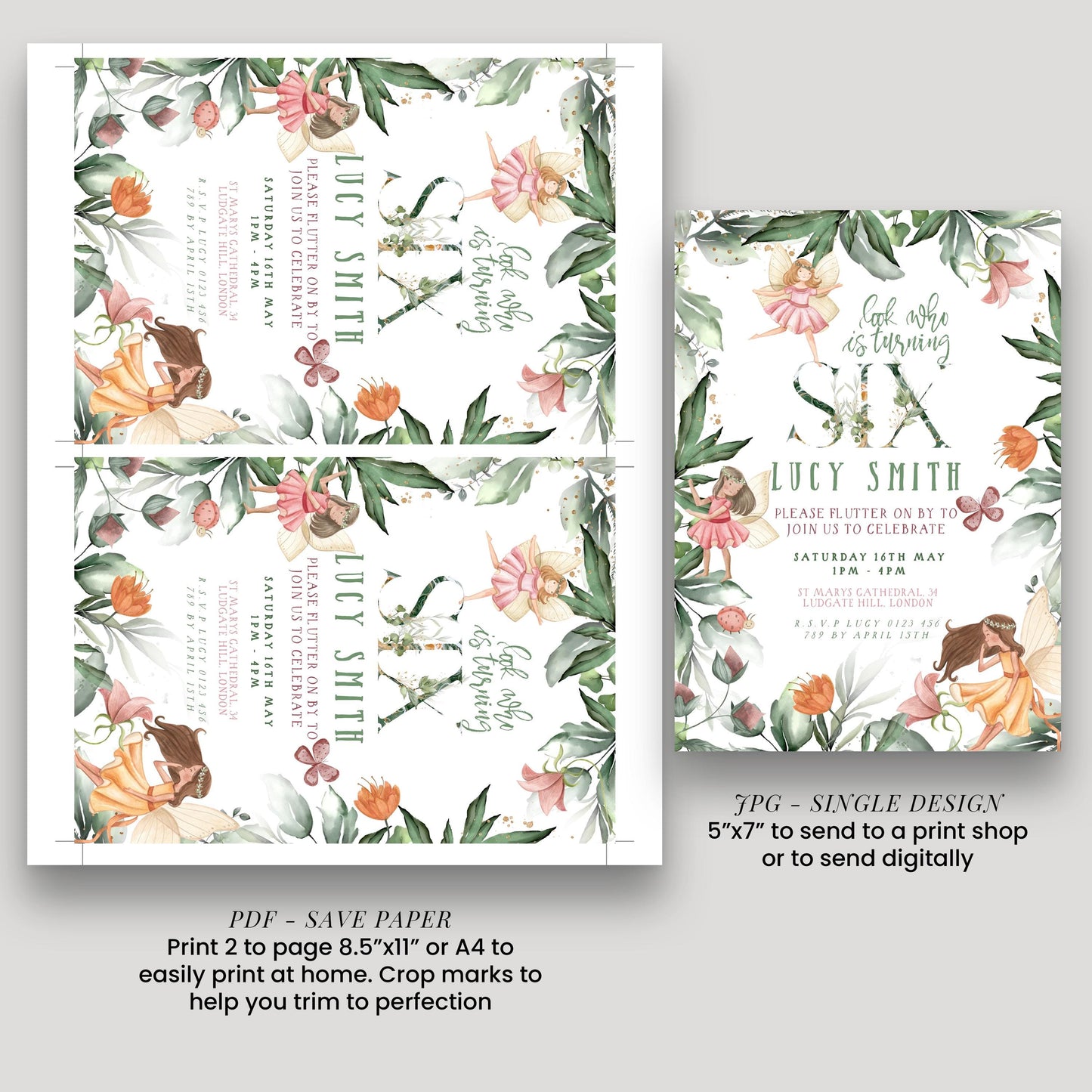 two printed invitation cards with a floral design. The cards are for a birthday party, and they are described as "Save Paper" and "Print 2 to page 8.5" or 4x4" to easily print at home. The cards are also described as "SINGLE DESIGN" and "5'7" to send to a print shop or to send digitally.