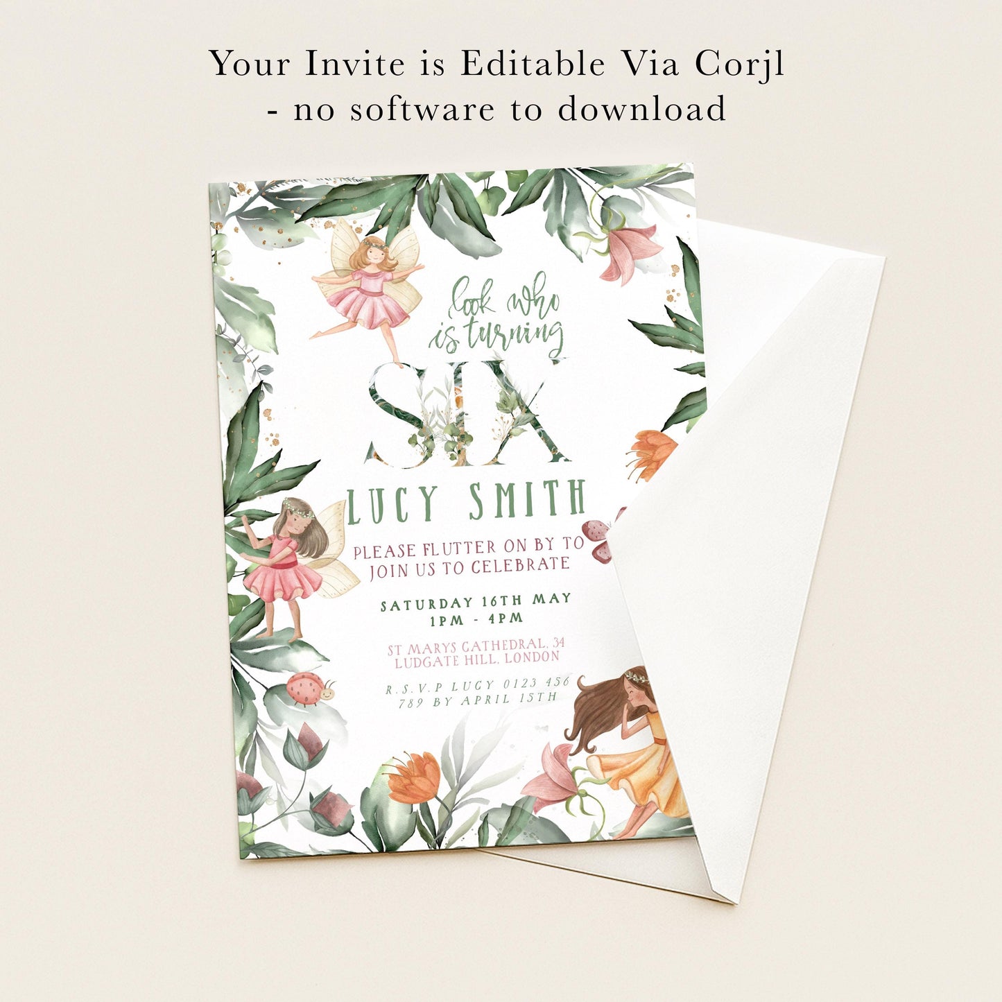 The image is a birthday invitation for a girl named Lucy Smith, featuring a floral design with fairy characters and text inviting guests to a celebration.
