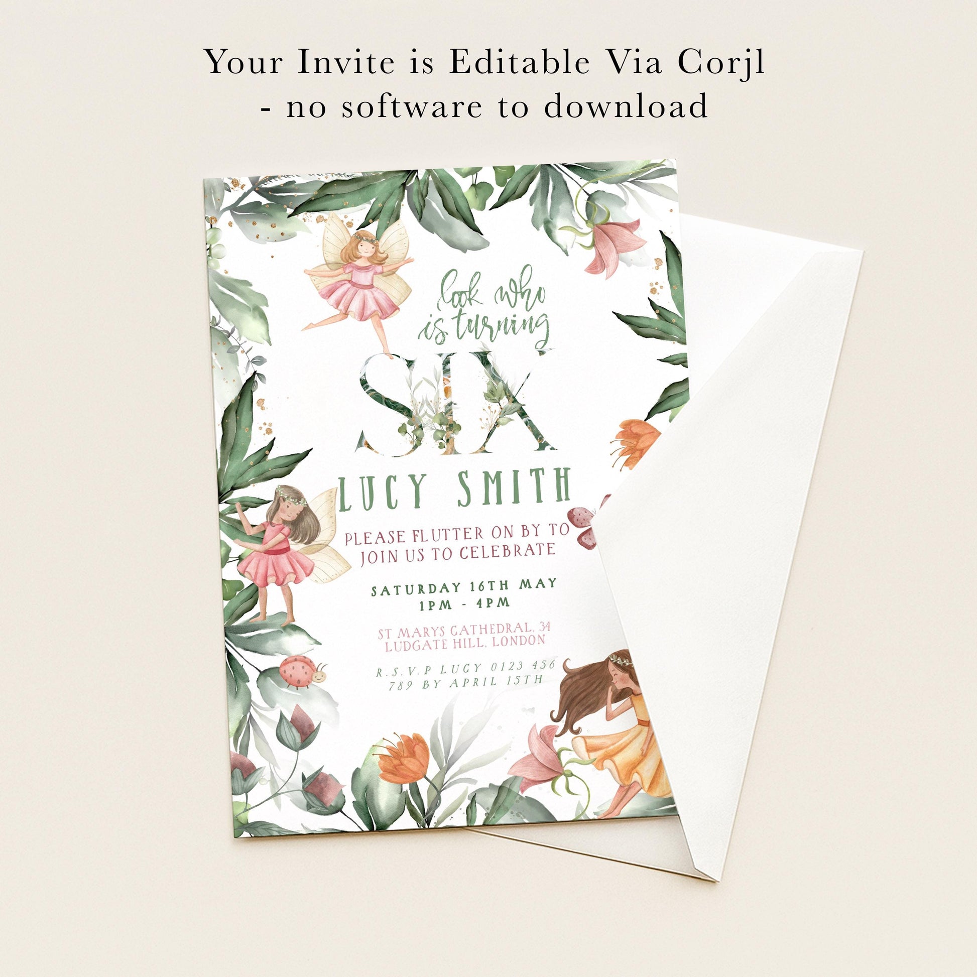 The image is a birthday invitation for a girl named Lucy Smith, featuring a floral design with fairy characters and text inviting guests to a celebration.