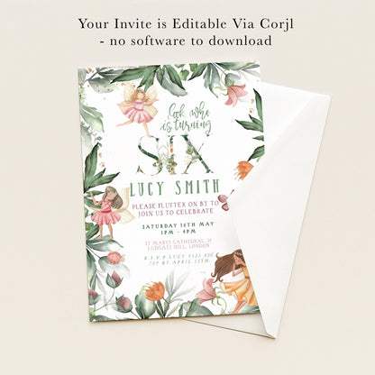 The image is a birthday invitation for a girl named Lucy Smith, featuring a floral design with fairy characters and text inviting guests to a celebration.