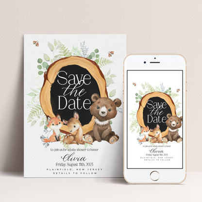 The image is a digital wedding invitation featuring a forest theme with illustrations of a bear, fox, and deer. The text on the invitation reads "Save the Date" and invites guests to a baby shower to honor the expectant mother.