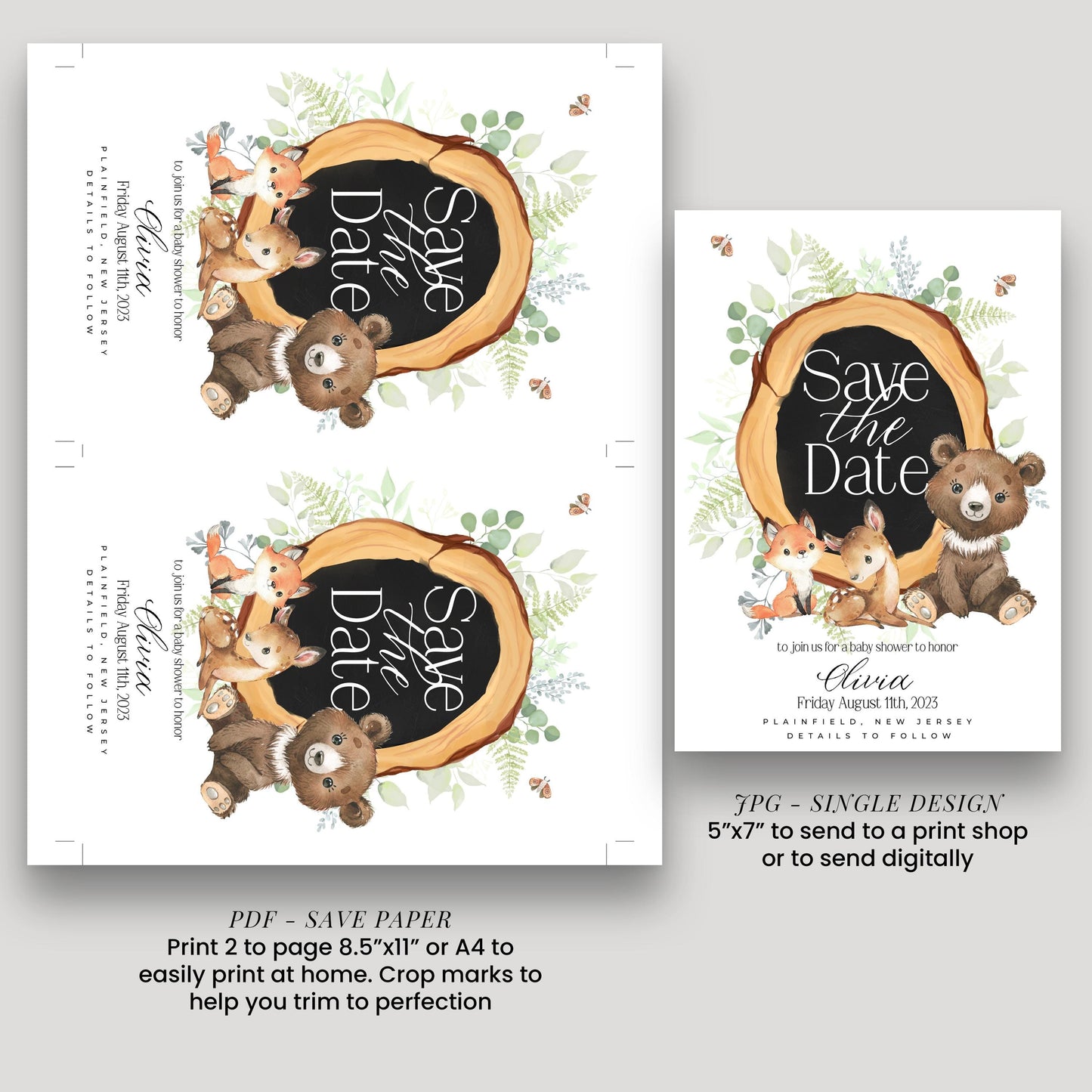 a "Save the Date" invitation featuring a bear and other animals, along with text and graphics. It is a single design that can be printed on paper or sent digitally. The invitation is for a baby shower, and it is available in both print and digital formats.