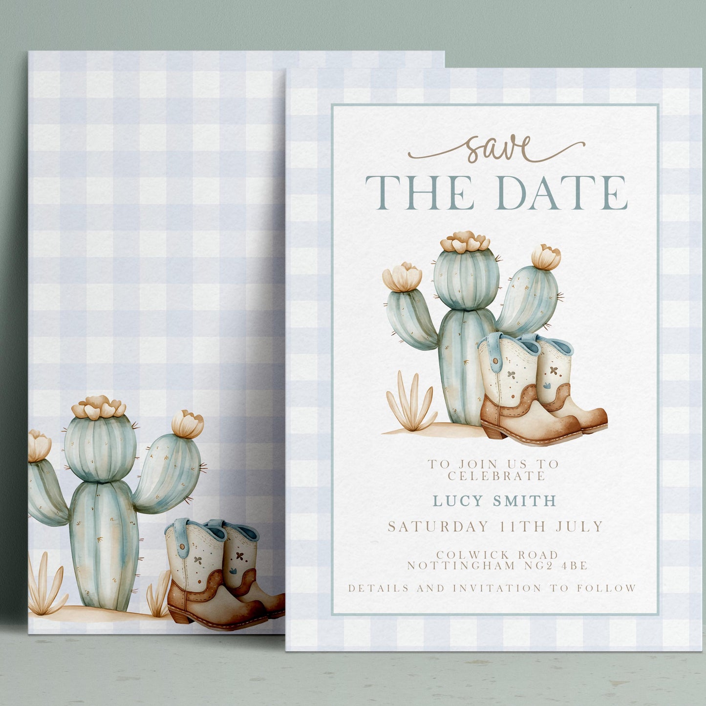 The image is a wedding invitation featuring a desert theme with cacti and cowboy boots as the main decorative elements.