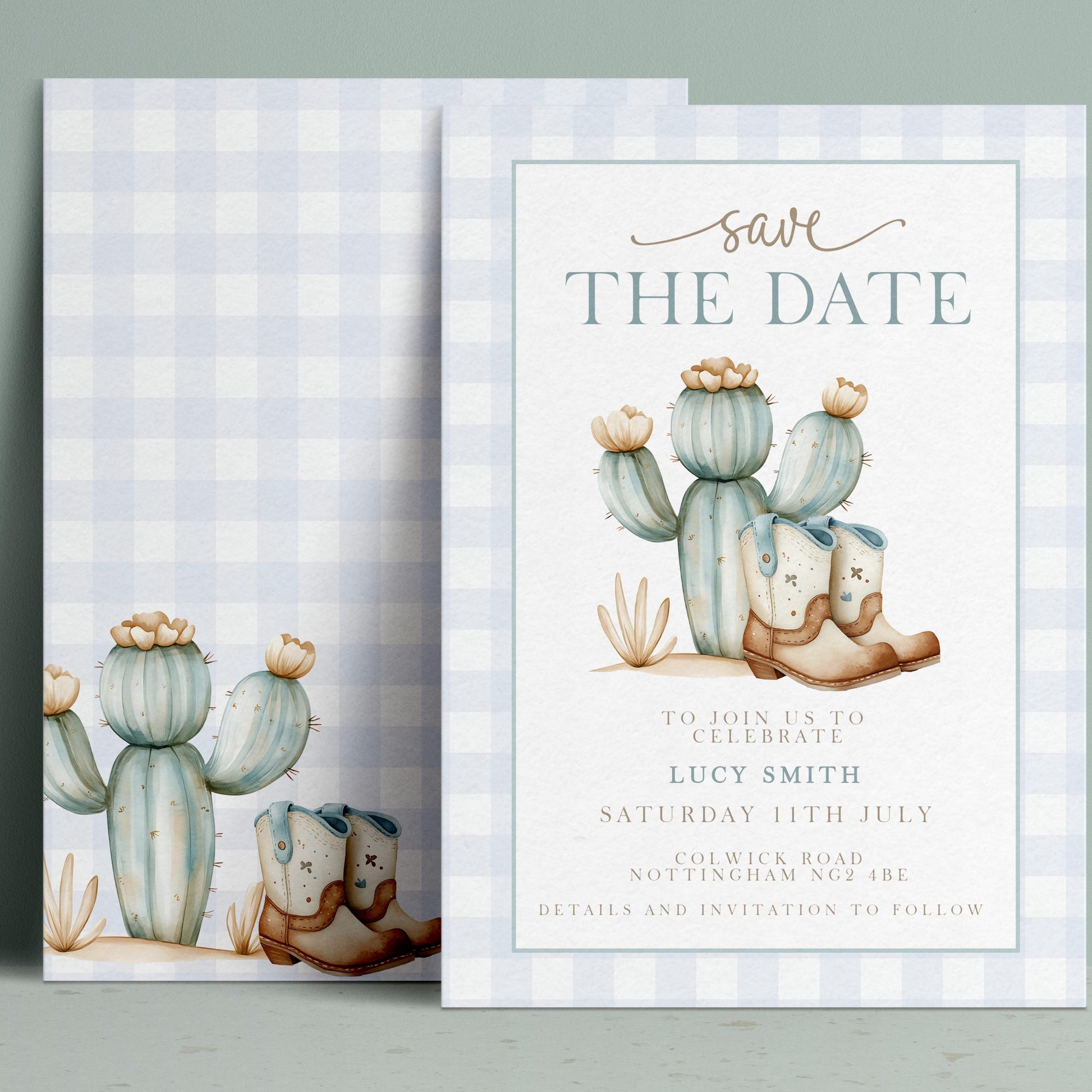 The image is a wedding invitation featuring a desert theme with cacti and cowboy boots as the main decorative elements.